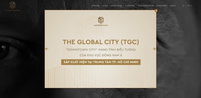 Website Masterise Homes công bố về The Global City. Ảnh chụp website