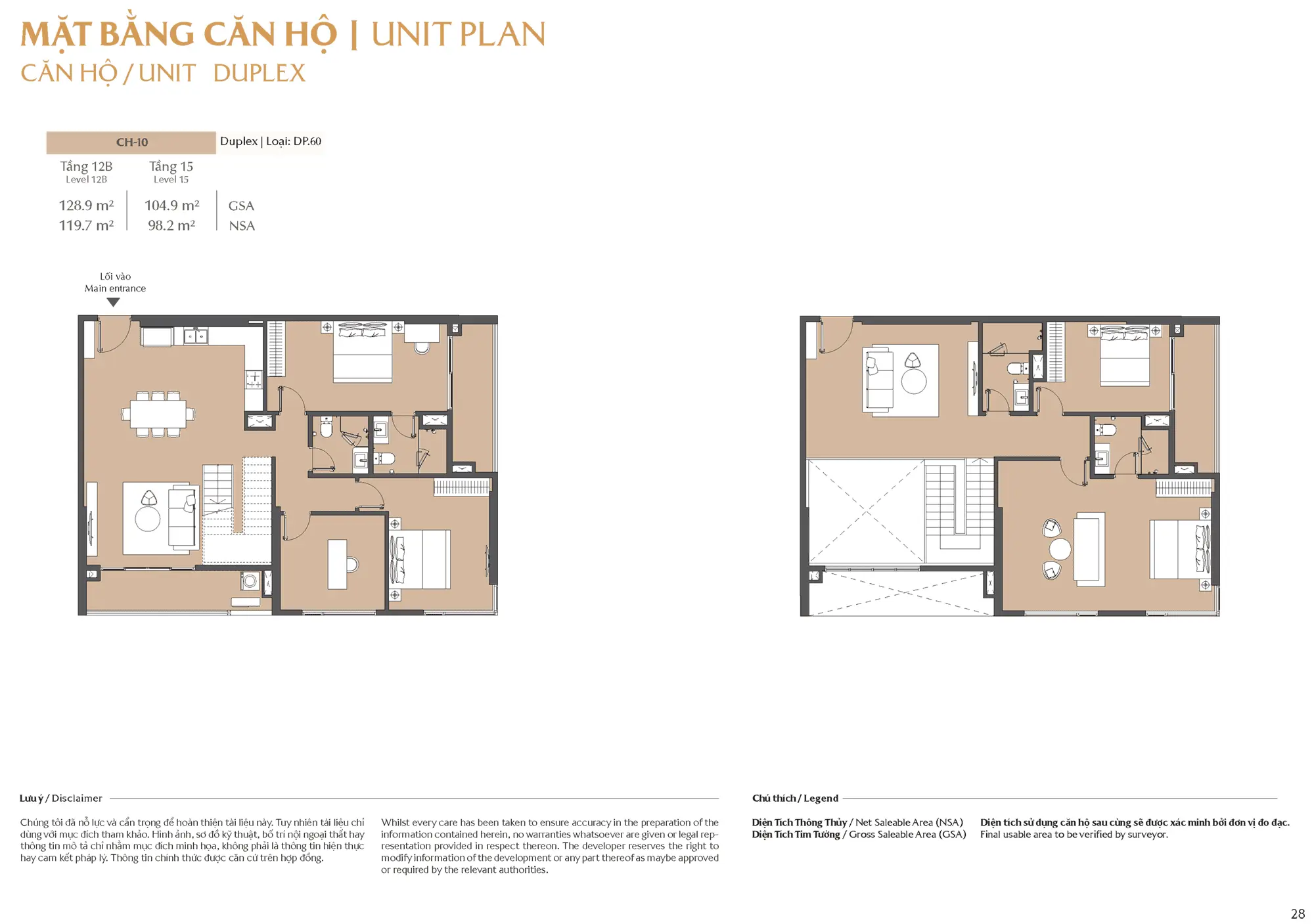 Layout căn hộ Duplex CH-10 dự án Masteri Park Place kết nối 2 tầng (12B và 15) với tổng diện tích 128.9m², thiết kế độc đáo và sang trọng vượt trội.