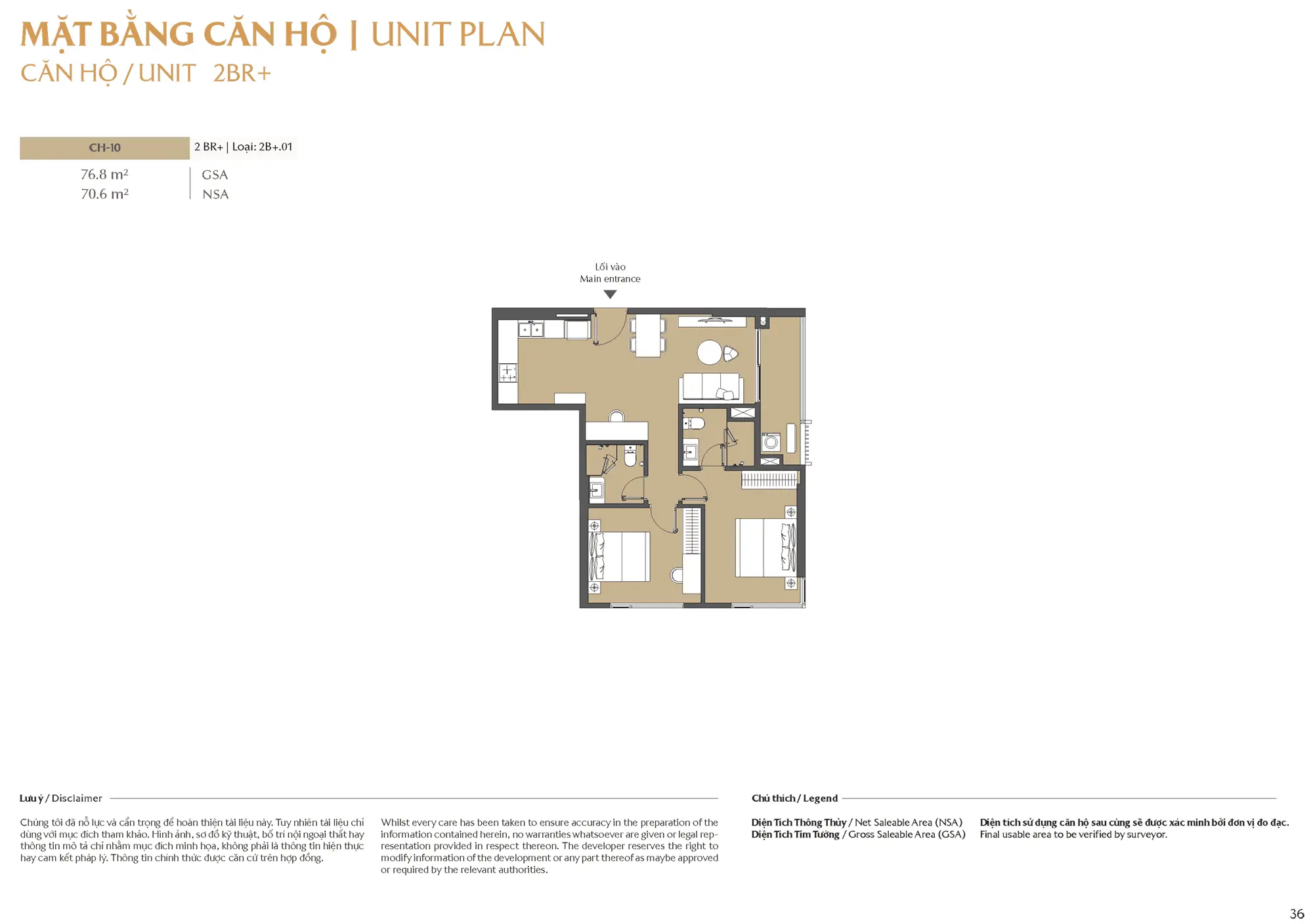 Thiết kế căn hộ 2 phòng ngủ Plus CH-10 tại Masteri Park Place với diện tích 76.8m², bổ sung phòng đa năng linh hoạt cho nhu cầu sống đa dạng.